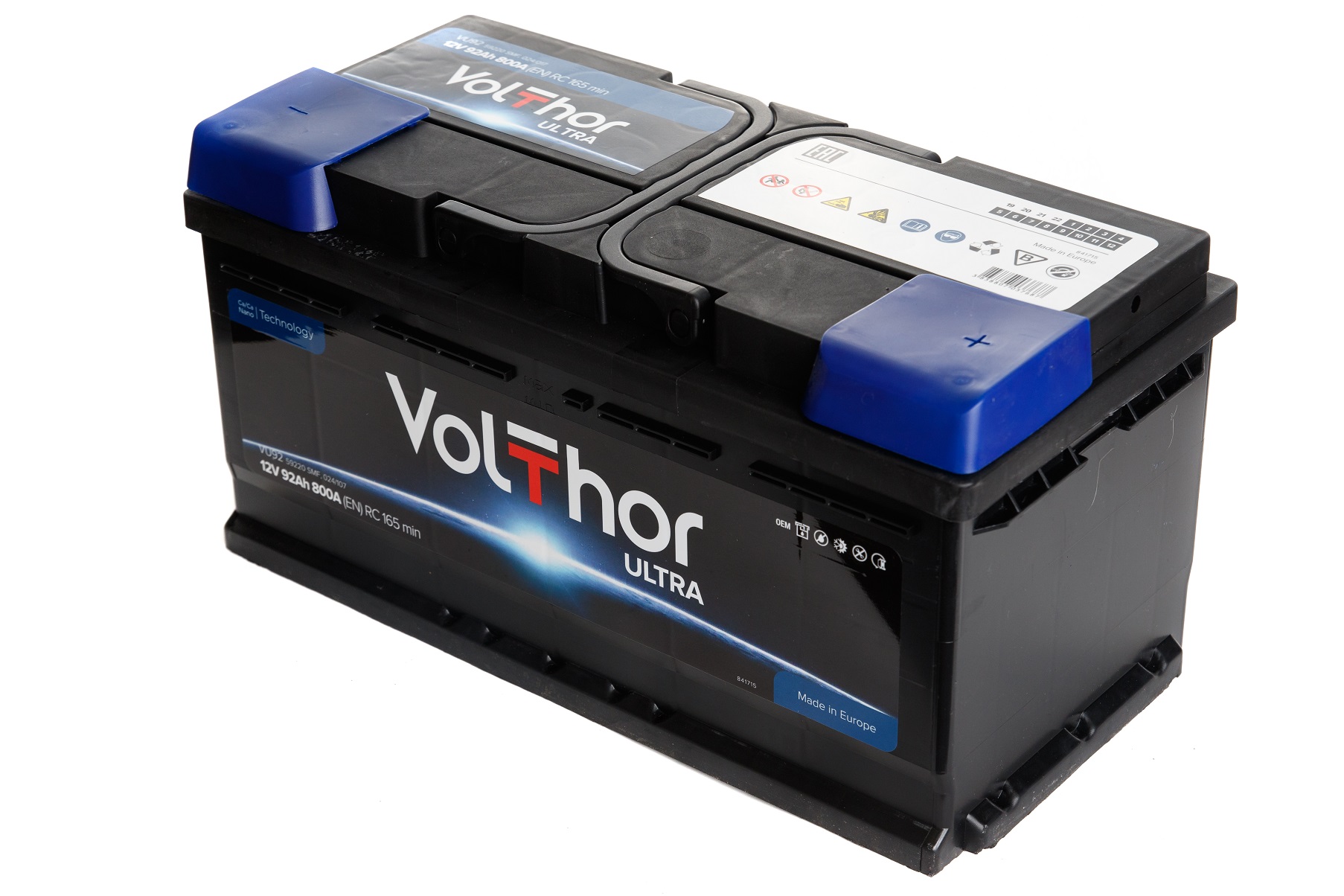 Акумулятор легковий VOLTHOR 6СТ-92(0) (800А) ULTRA 12B, 92Ah, 800A, плюс праворуч (R+) кальцієвий (Ca/Ca) 315X175X190 мм (301092)